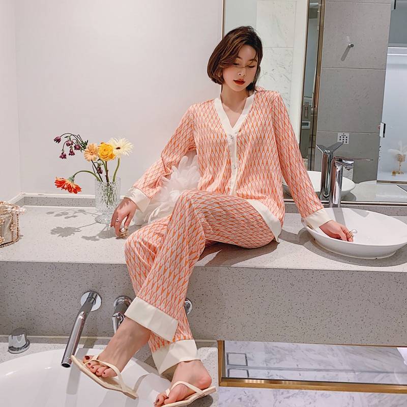 Women’s Pajama Set with Pattern Clothing & Apparel Lingerie & Nightwear Women's Fashion cb5feb1b7314637725a2e7: Champagne Gold|Orange|Pine Green|Red