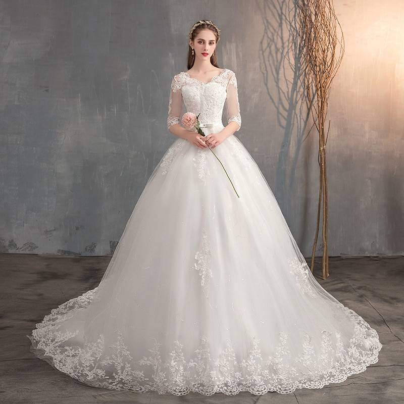 Long Lace Wedding Dress Bridal Wedding cb5feb1b7314637725a2e7: Long sleeve train|Off white floor|Off white with train