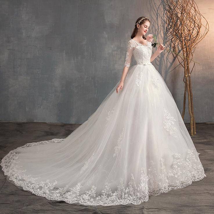 Long Lace Wedding Dress Bridal Wedding cb5feb1b7314637725a2e7: Long sleeve train|Off white floor|Off white with train