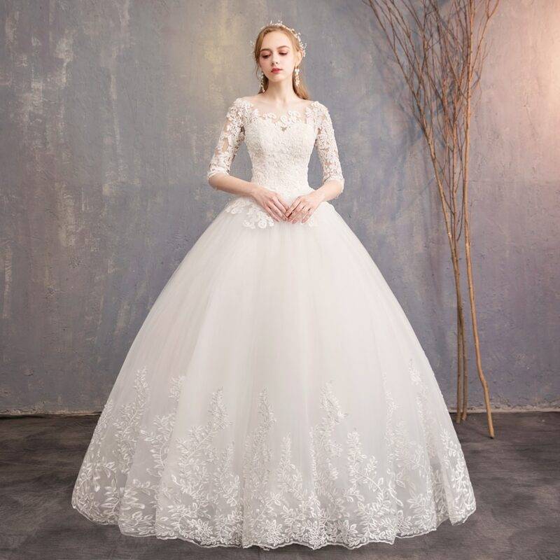 Half Sleeve Wedding Dress Bridal Wedding cb5feb1b7314637725a2e7: Pure white floor|Pure white with train|White floor|White with train