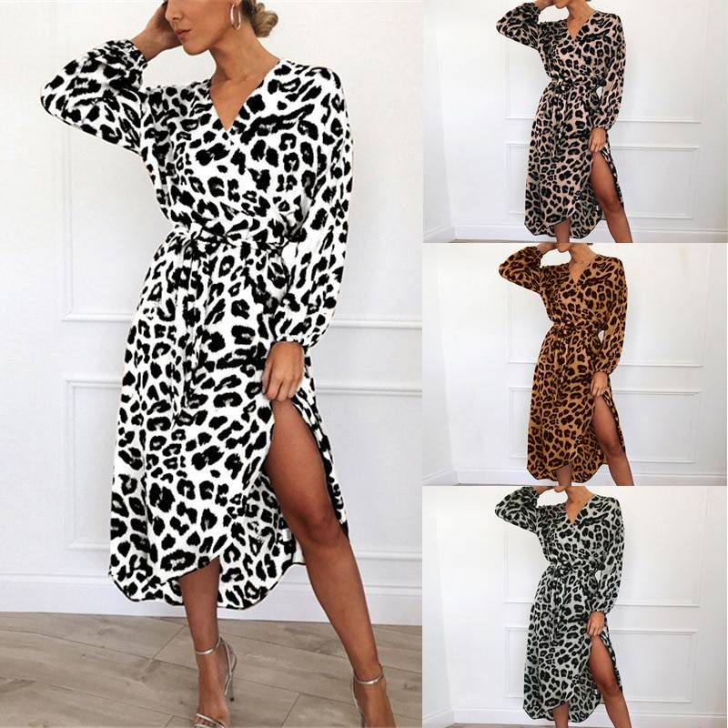 Women’s Long Leopard Printed Dress Arabic Collection Clothing & Apparel Women's Fashion cb5feb1b7314637725a2e7: Brown|Gray|Pink|White